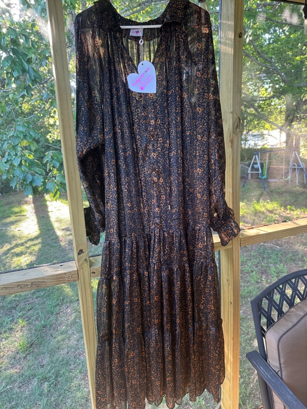 Buddy love Greta long sleeve almond Tiered Floral Maxi Dress Black and Copper Lg